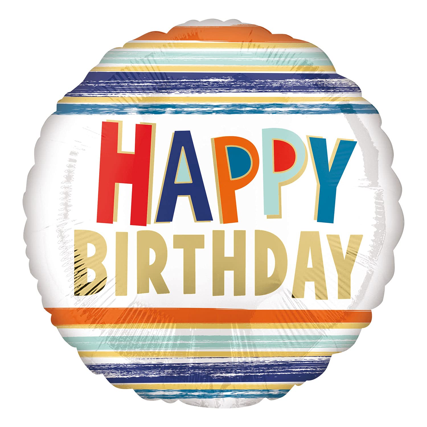 43cm round Happy Birthday foil balloon with colorful text, gold accents, and striped border, available helium or air-filled.