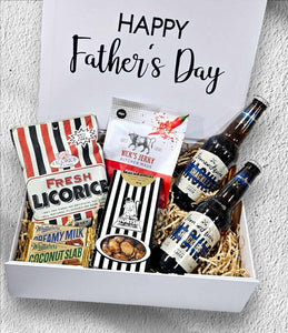 Father's Day Box 3: A curated selection of bold flavours and irresistible snacks, perfect for the dad who loves a mix of sweet, savoury, and refreshing treats. Includes fresh liquorice, Nick’s Chilli Jerky, James Squire Lager, Morish macadamias, and Mini Whittaker’s chocolates for an unforgettable Father’s Day experience.