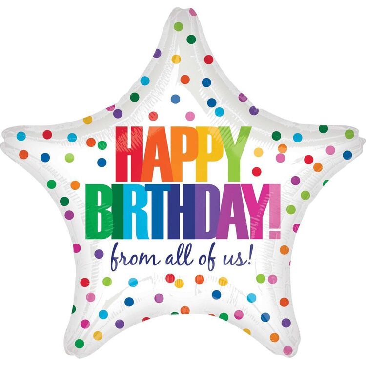43cm star-shaped Happy Birthday foil balloon with rainbow text, multicolored polka dots, and 'From all of us' message, available with helium or air inflation.