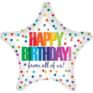 43cm star-shaped Happy Birthday foil balloon with rainbow text, multicolored polka dots, and 'From all of us' message, available with helium or air inflation.