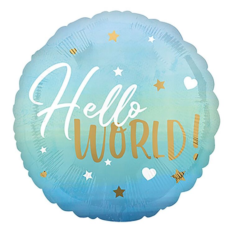 43cm round Hello World foil balloon with a blue gradient background, white and gold text, and star and heart details, available helium or air-filled.