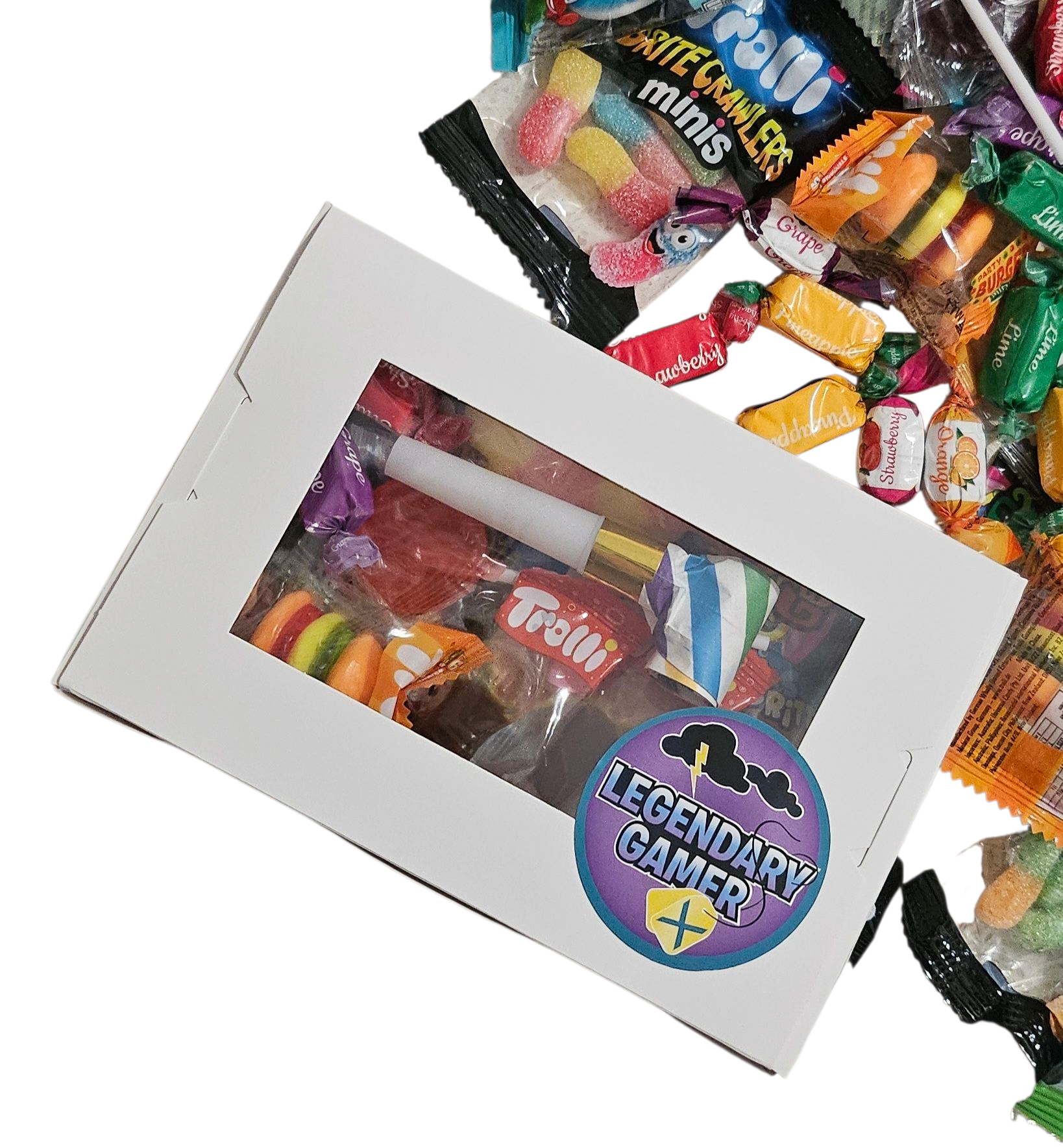 Small Fortnite-themed loot box filled with Trolli lollies, lollipop, and party blower, topped with a Fortnite sticker.