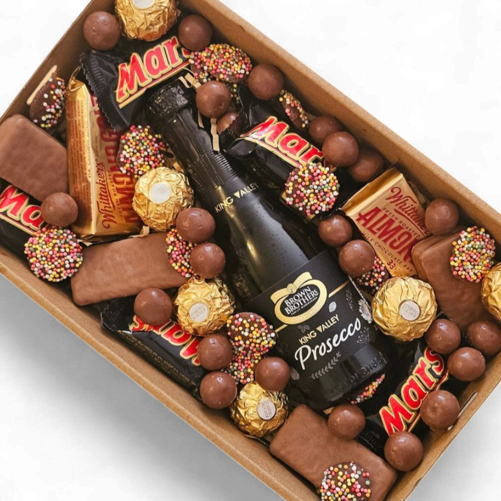 Confetti Box Co. Dessert Box featuring prosecco, Tim Tams, Ferrero Rocher, Maltesers, and Freckles – the perfect luxury gift box for celebrations in Perth