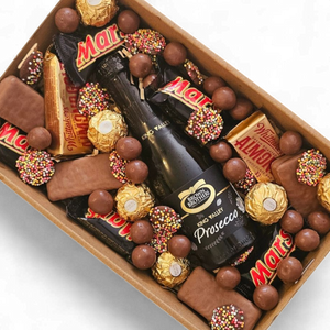 Confetti Box Co. Dessert Box featuring prosecco, Tim Tams, Ferrero Rocher, Maltesers, and Freckles – the perfect luxury gift box for celebrations in Perth