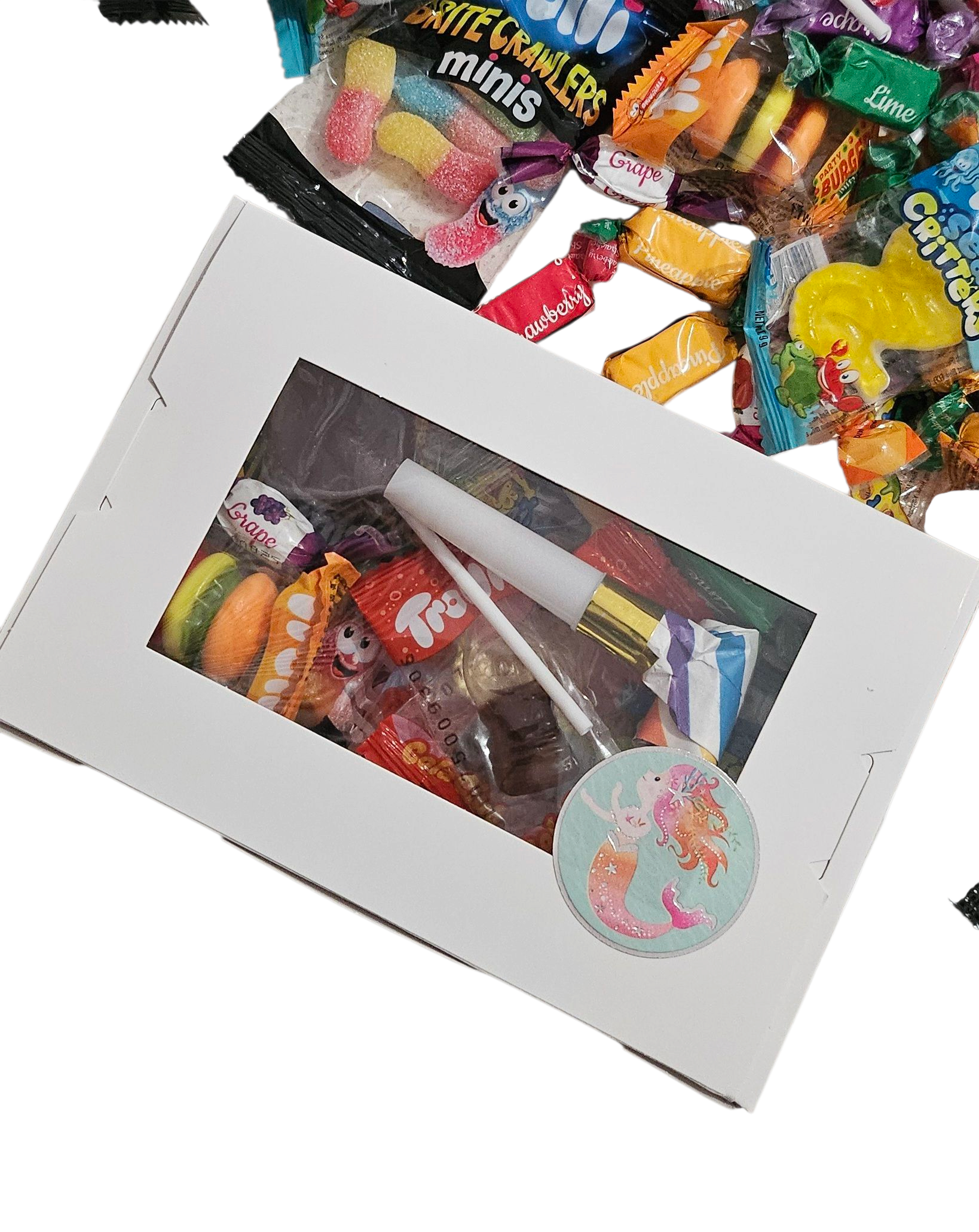 Small mermaid-themed birthday loot box filled with Trolli lollies, lollipop, and party blower, topped with mermaid stickers.