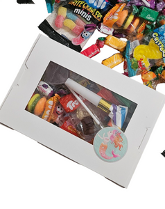 Small mermaid-themed birthday loot box filled with Trolli lollies, lollipop, and party blower, topped with mermaid stickers.