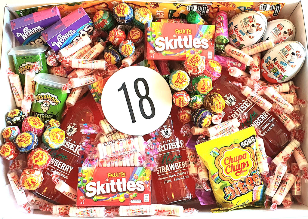Over 18's Birthday Box – A fun and unique birthday gift featuring Vodka Cruisers, Skittles, Kinder Eggs, Chupa Chups, and more. Customizable with any age. Perfect for sweet lovers who enjoy a little celebration!